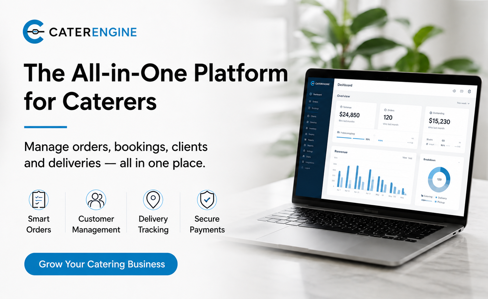 CaterEngine restaurant catering management platform in the blue brand palette