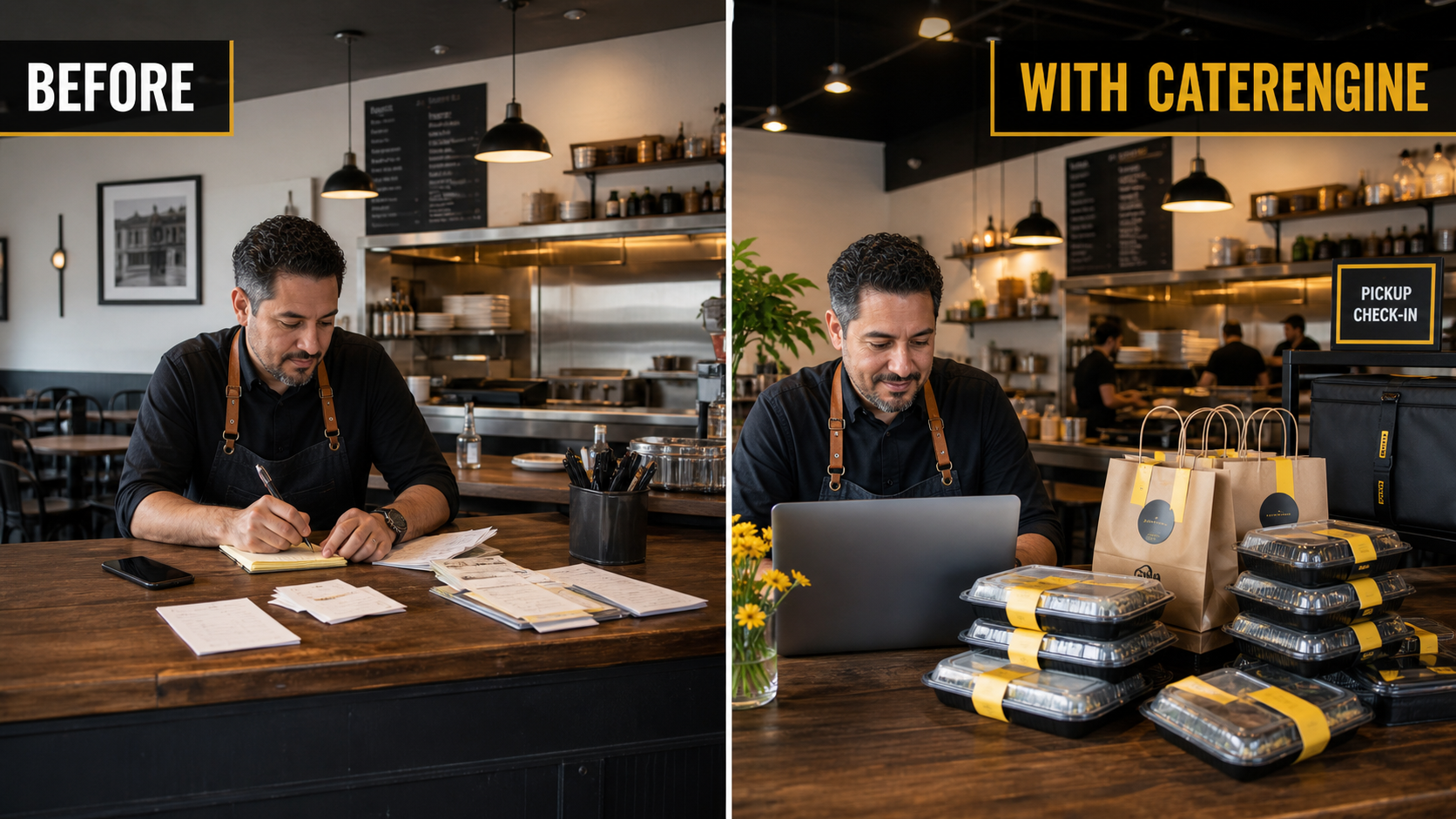 The same restaurant before and after adopting an organized CaterEngine catering workflow